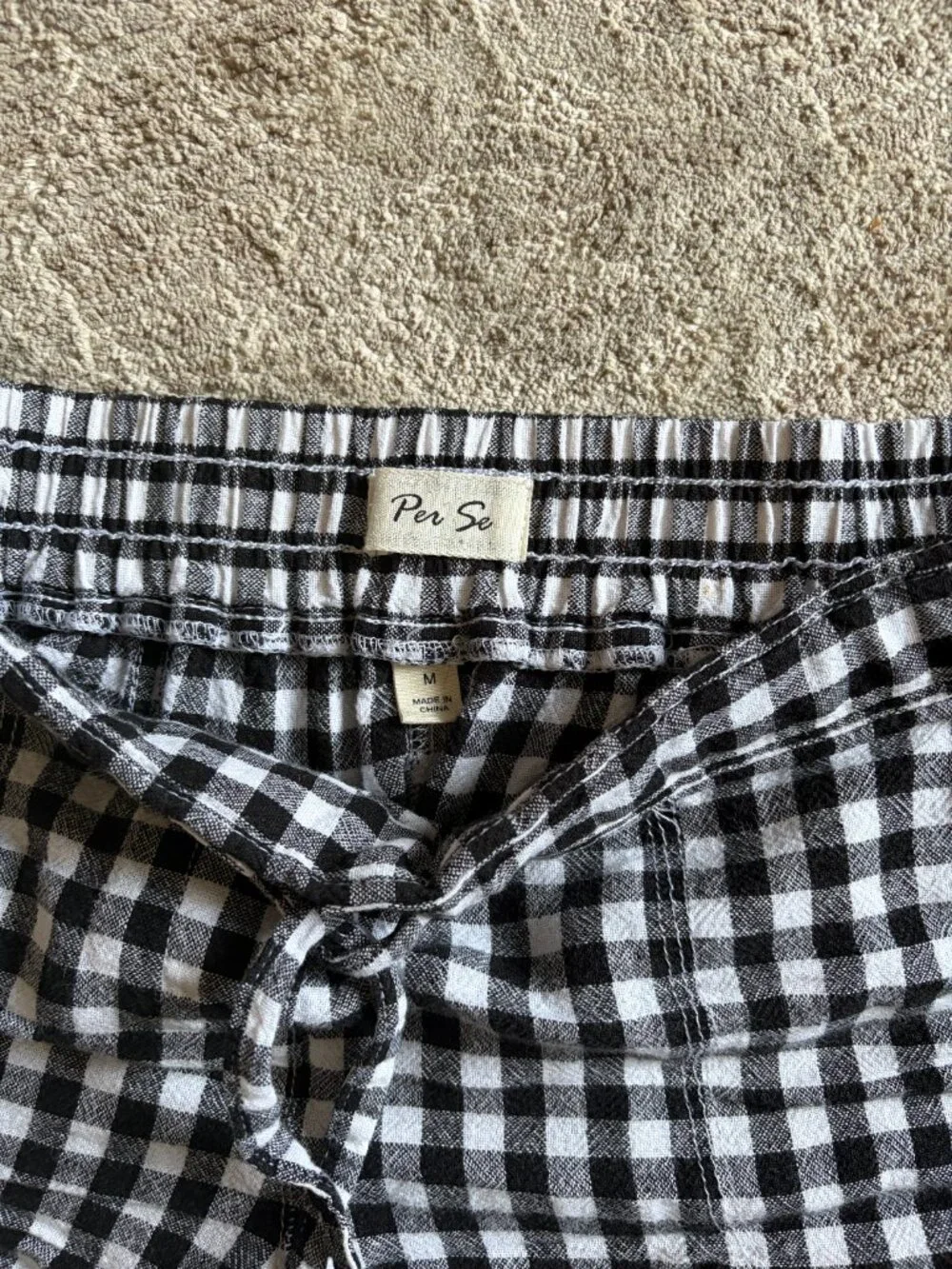 Per Se Black White Gingham Linen Blend Drawstring Shorts Cuffed Pockets M